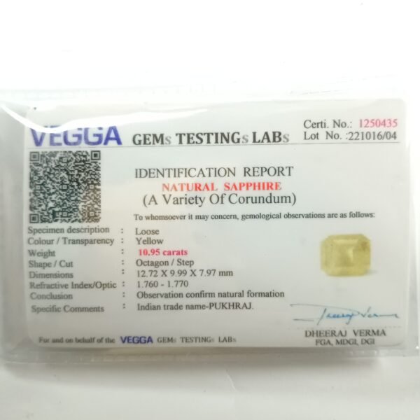 ceyloni yellow sapphire, pukhraj 10.95 carat, certificate
