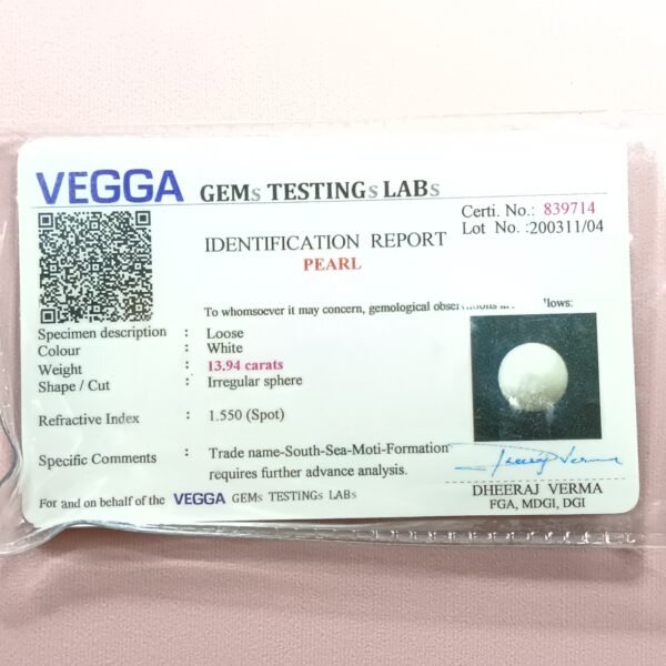 South Sea Pearl 13.94 Carat/ 15.25 Ratti certificate