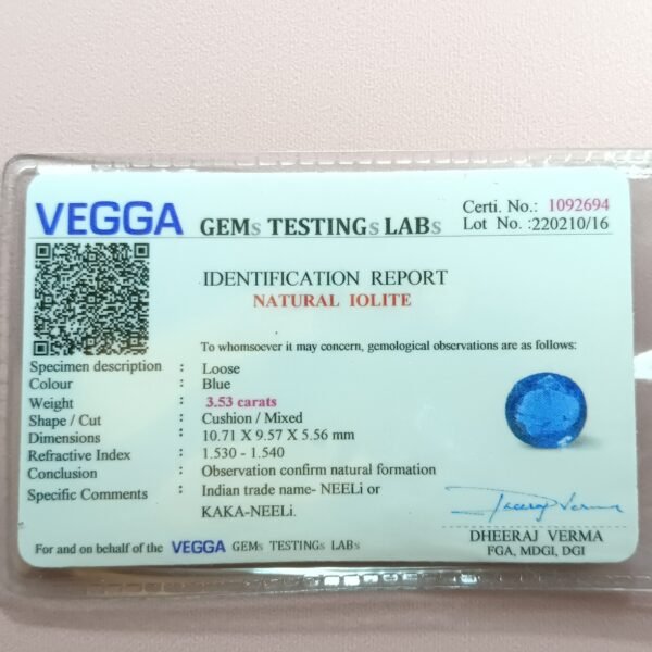 3.50 ratti neeli iolite certificate