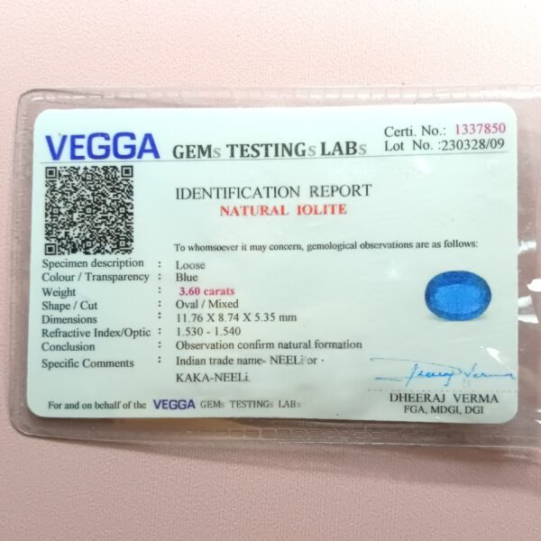 4 ratti neeli iolite certificate