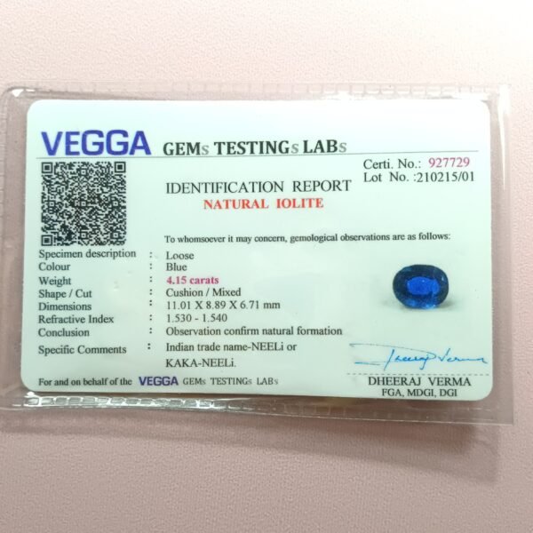 4.50 ratti neeli iolite certificate