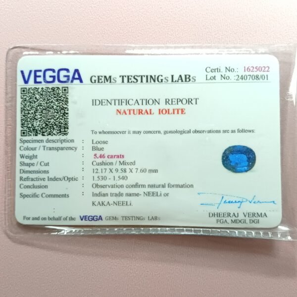 6 ratti neeli iolite certificate