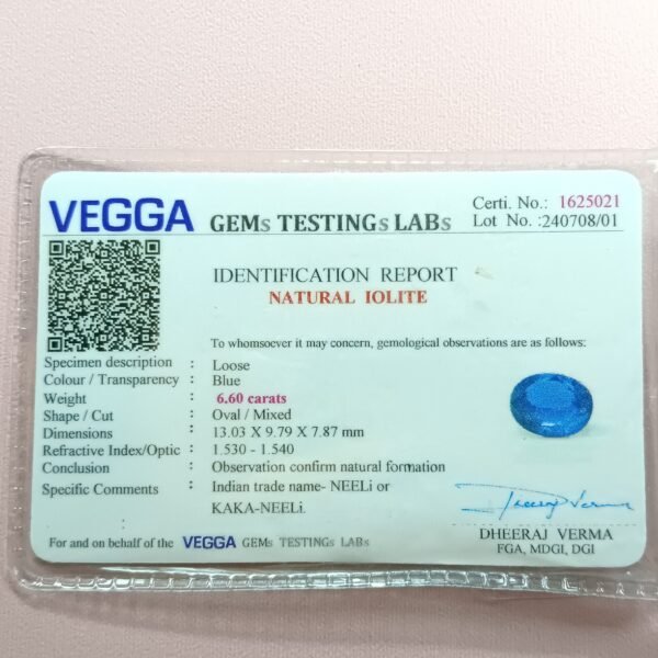 7.25 ratti neeli iolite certificate