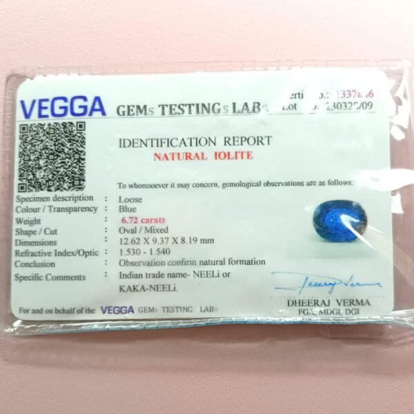 7.25 ratti neeli iolite certificate