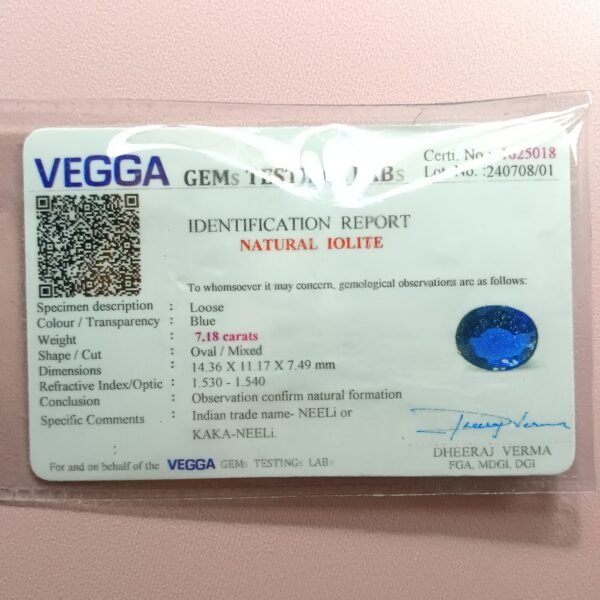 7.50 ratti neeli iolite certificate