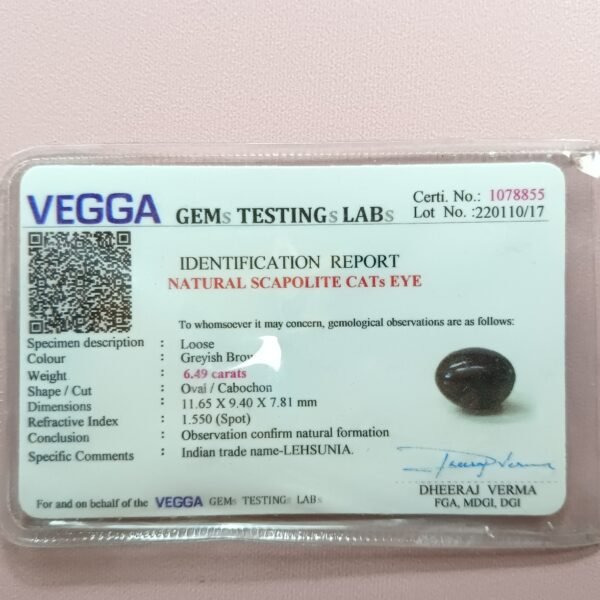 Cats Eye 6.49 Carat/ 7 Ratti certificate