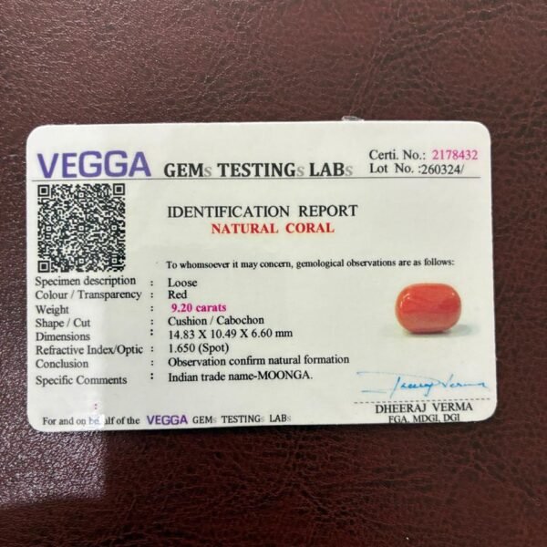 certicate of red oval coral gemadda 9.20 carat