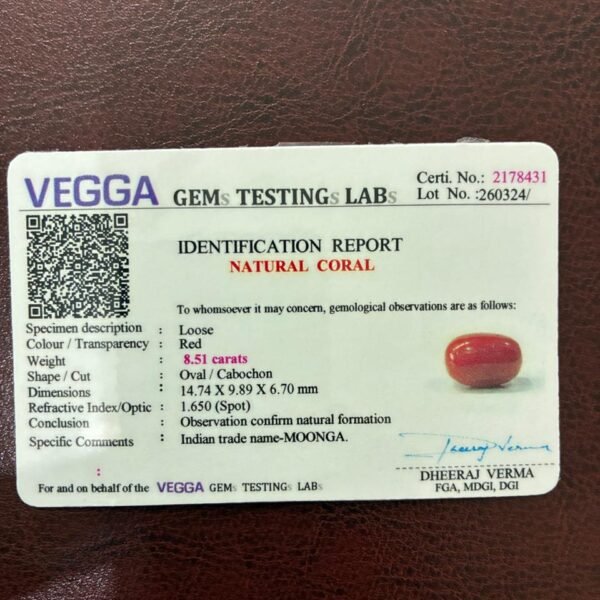 Certificate of red coral- GA8431