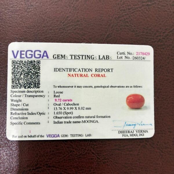 Certificate of red coral- GA8429