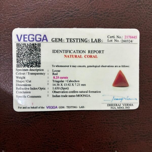 certificate of 8.25 carat coral- GA8445